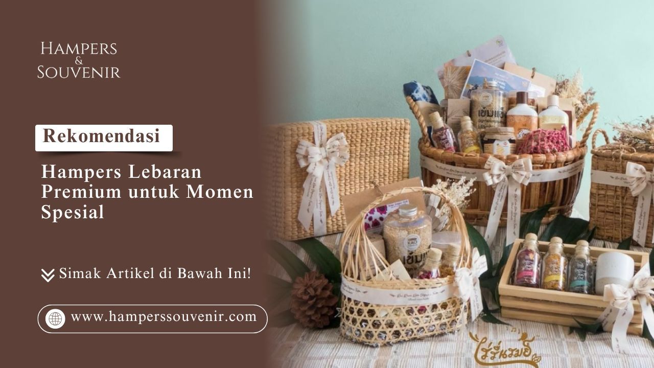 Berbagai macam paket hantaran Idulfitri dalam wadah anyaman bambu yang cantik sebagai visual hampers Lebaran premium untuk momen spesial