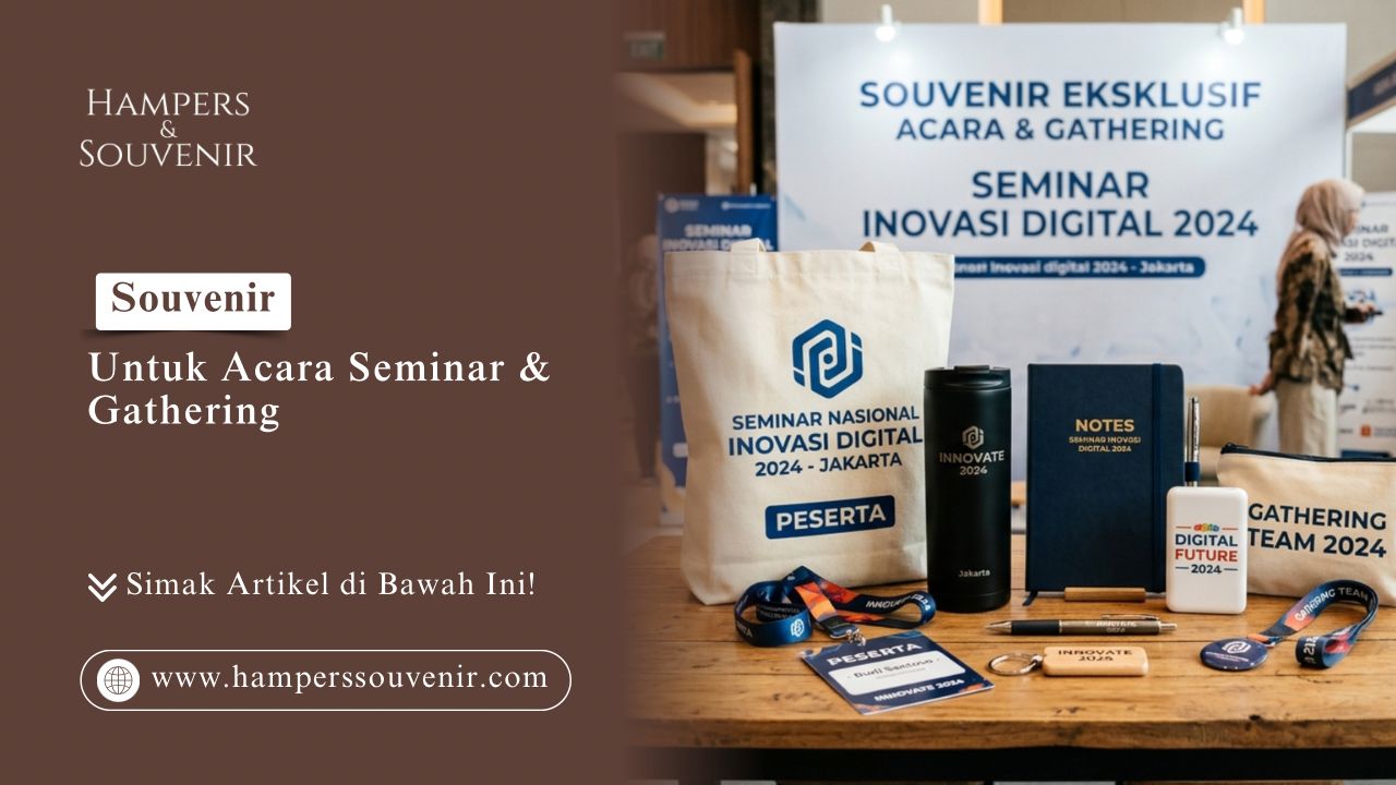 Tampilan paket Souvenir untuk Acara Seminar & Gathering lengkap dengan tote bag, tumbler, dan notebook