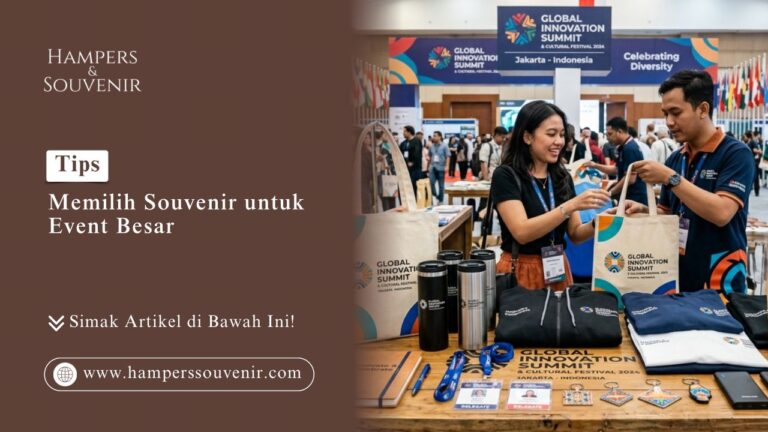 Interaksi delegasi pada stan Tips Memilih Souvenir untuk Event Besar yang menampilkan tote bag dan tumbler