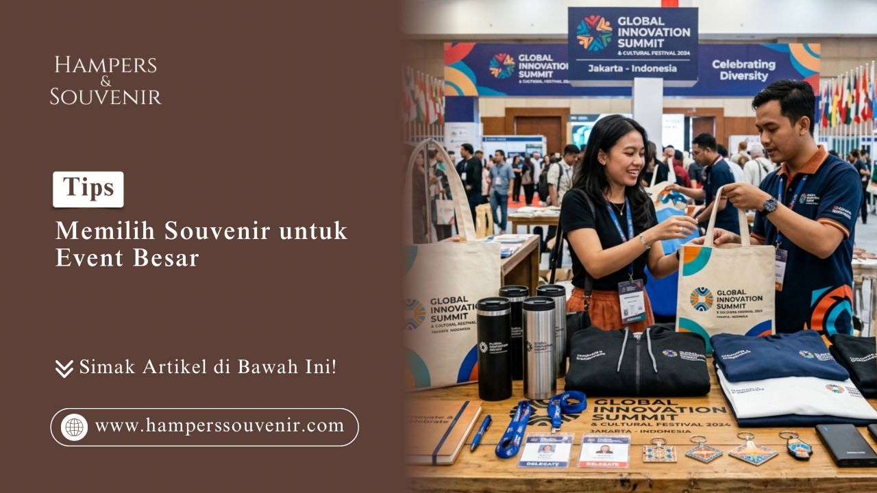 Interaksi delegasi pada stan Tips Memilih Souvenir untuk Event Besar yang menampilkan tote bag dan tumbler