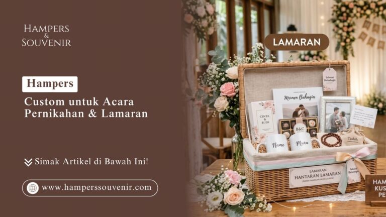 Display paket Hampers Custom untuk Acara Pernikahan & Lamaran berisi mug couple dan cokelat di dalam keranjang rotan
