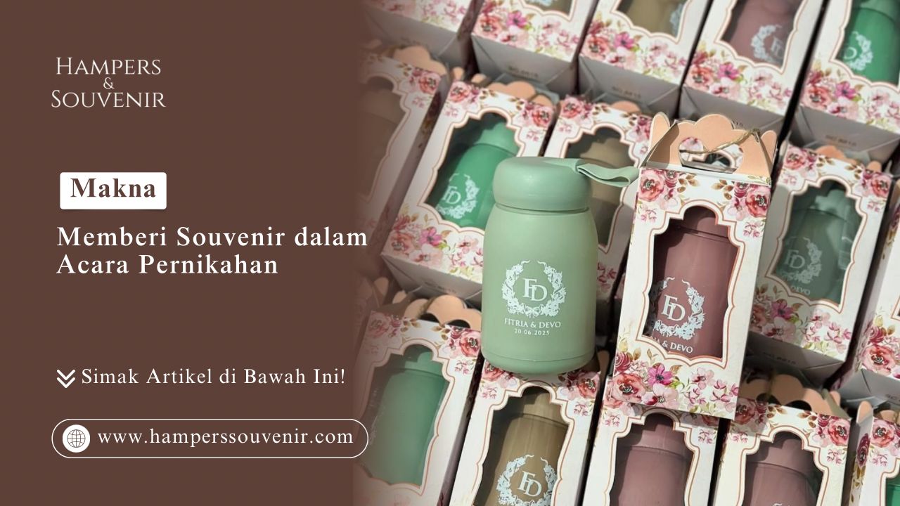 Tumpukan kemasan boks pink motif bunga berisi botol tumbler mini hijau kustom bertuliskan Fitria dan Devo sebagai Souvenir Pernikahan